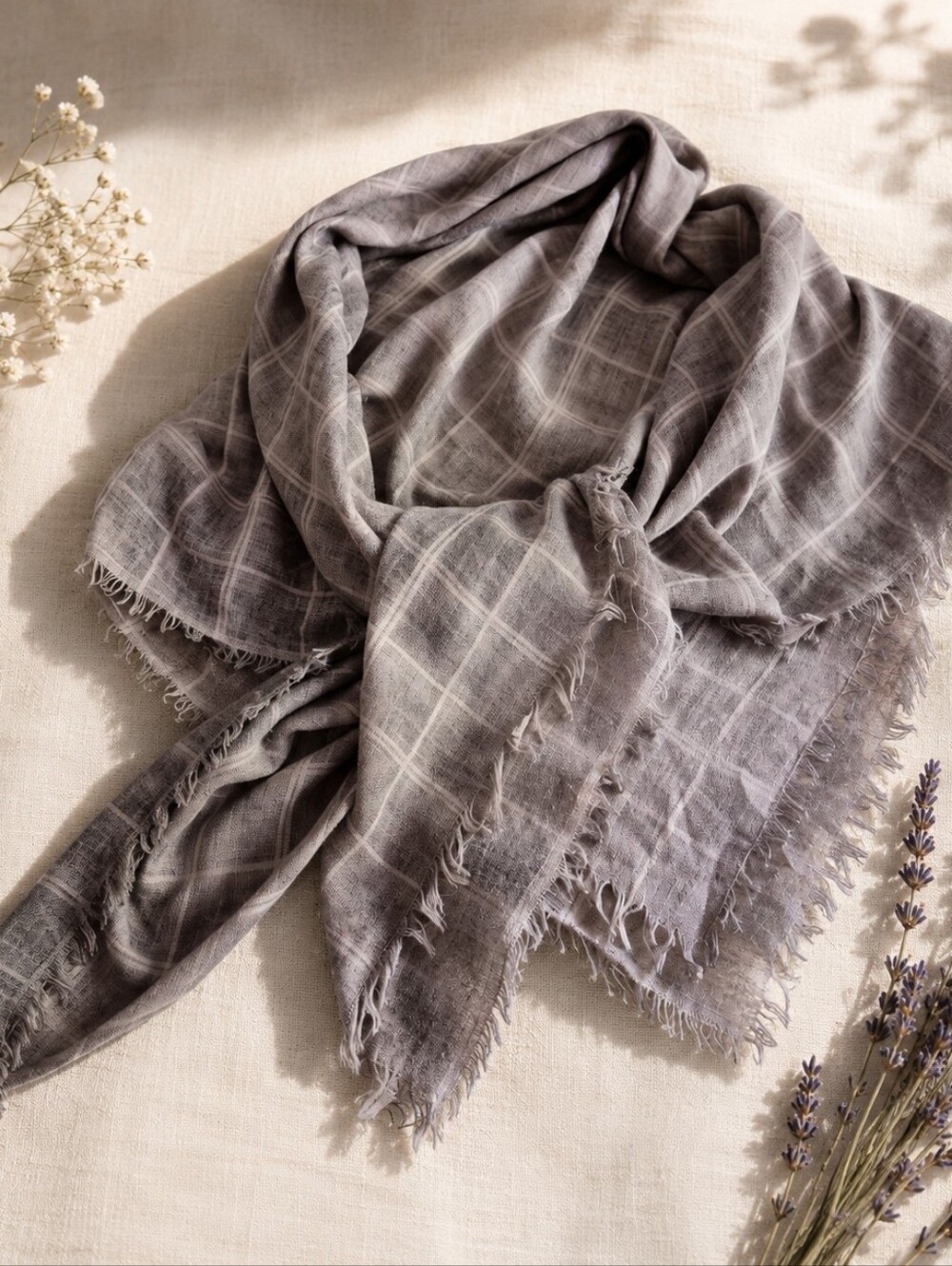 Italian Cotton Square Scarf / Foulard – Dusty Rose Lilac Plaid – Soft Lightweigh